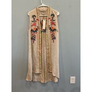 NEW Papparazi Linen Blend Floral Embroidered Open Front Long Vest Boho Festival